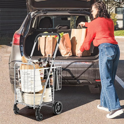 Goplus Folding Shopping Utility Cart, Double Basket and 360° Swivel Wheels - Image 2