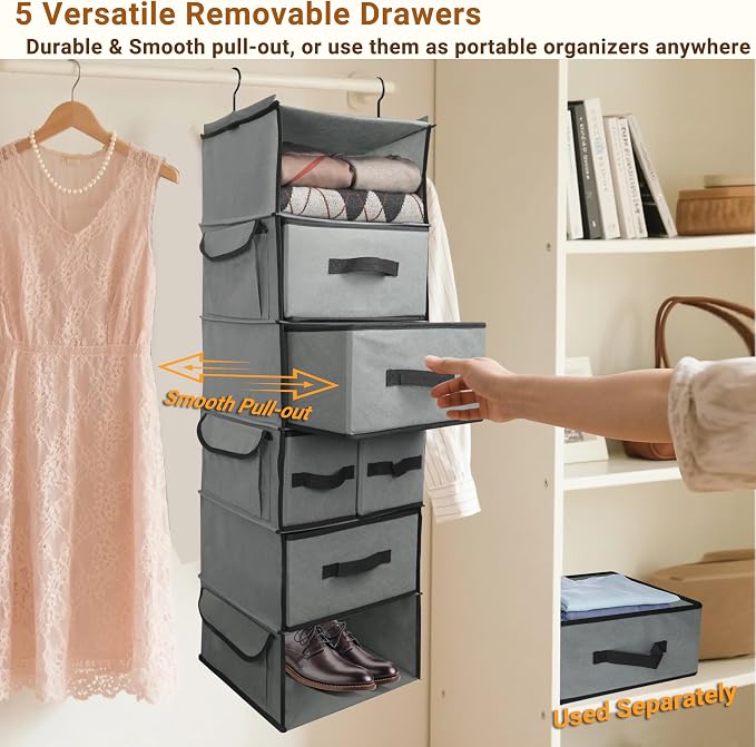 6-Tier Hanging Shelves with 5 Drawers & 3 Side Pocket, Durable Fabric Hanging - Image 5