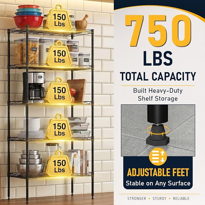 FDW 5 Tier 22L x 12W x 48H Pantry Shelves Adjustable Storage Rack Metal Shelf - Image 5