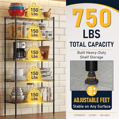 FDW 5 Tier 22L x 12W x 48H Pantry Shelves Adjustable Storage Rack Metal Shelf - Image 5