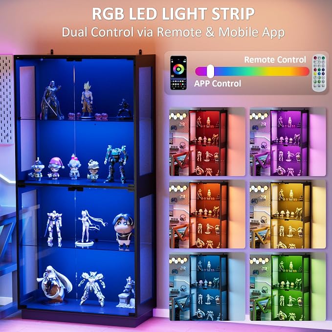 Display Cabinet with Glass Doors 4 Tier Glass Display Case with RGB LED Lights - Image 3