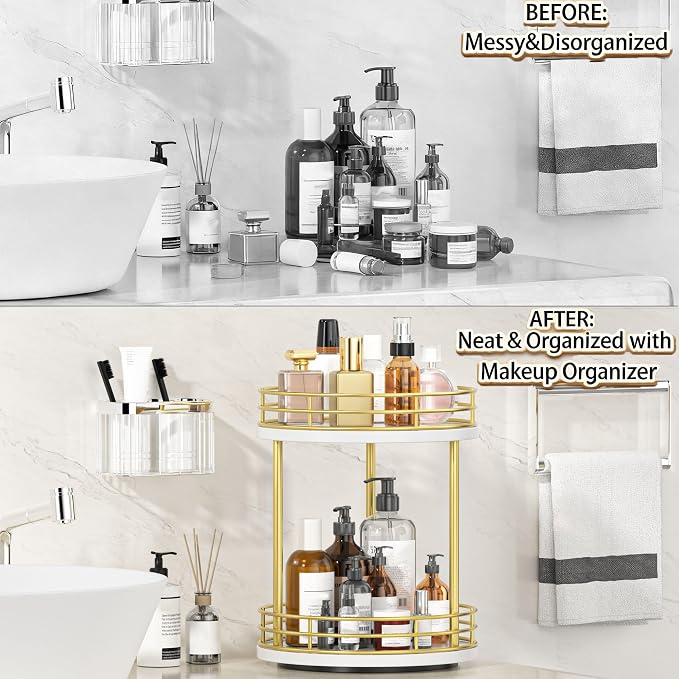 2-Tier Rotating Bathroom Countertop Organizer, Wooden Makeup Vanity Storage - Image 3