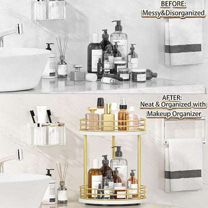 2-Tier Rotating Bathroom Countertop Organizer, Wooden Makeup Vanity Storage - Image 3