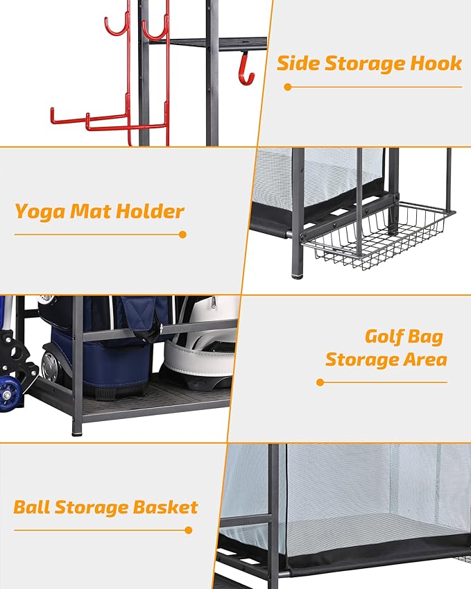 PLKOW Golf Storage Ball Rack Garage Organizer, 2 Golf Bag Organizer and Other - Image 3
