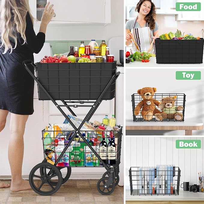  2-Tier Large Collapsible Grocery Cart On Wheels 400lbs Shopping Cart | - Image 7