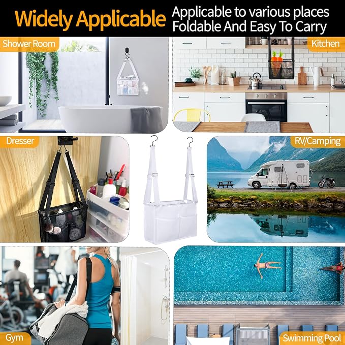 4 Storage Pockets Adjustable Hanging Mesh Bathroom Bag, Shower Caddy College - Image 7
