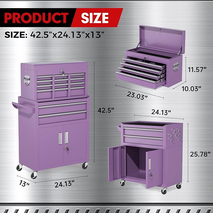 INTERGREAT 8 Drawers Tool Chest, Detachable Top Tool Box, Tool Cabinet - Image 3