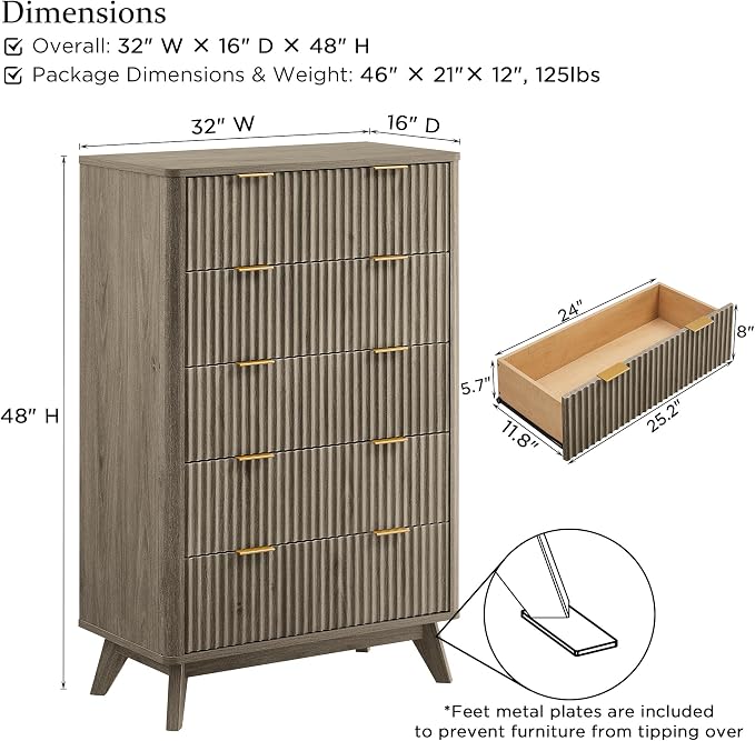 T4TREAM Fluted 5 Drawers Dresser, Curved Profile Design, Wood Drawer Organizer - Image 2