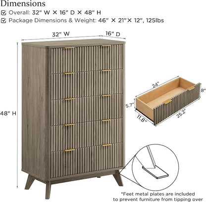 T4TREAM Fluted 5 Drawers Dresser, Curved Profile Design, Wood Drawer Organizer - Image 2