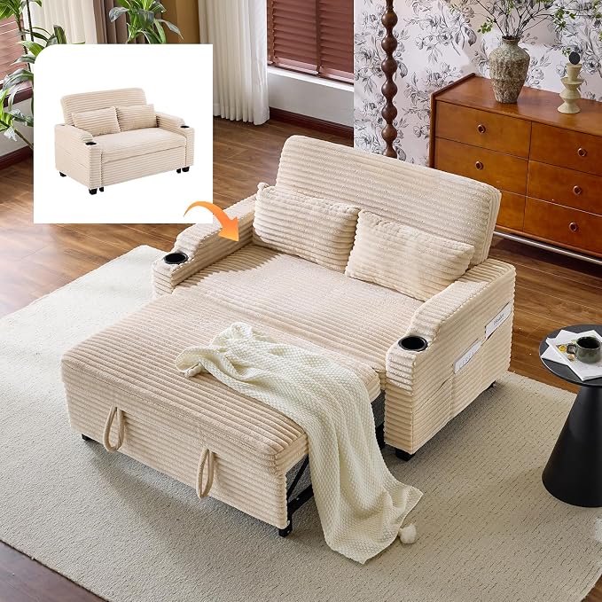 VINGLI Beige Futon Sofa Bed Convertible Loveseat Sleeper Sofa Couch, Corduroy by VINGLI