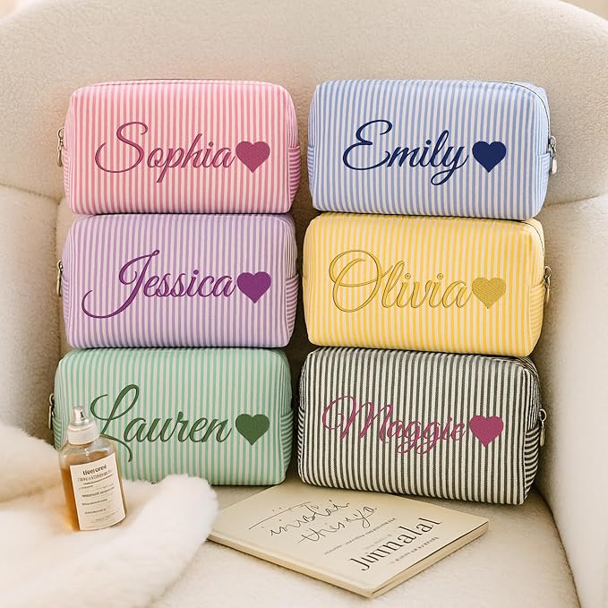 Personalized Seersucker Makeup Bag - Image 8