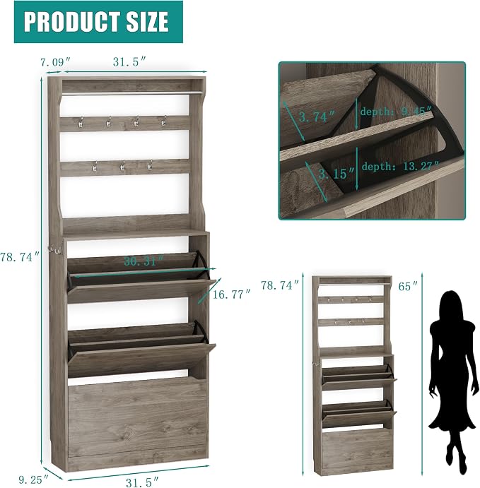 Shoe Cabinet for Entryway with 3 Flip Drawers, Narrow Hidden Slim Freestanding - Image 2