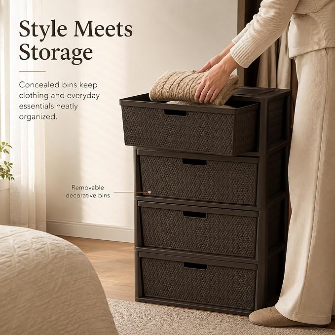 Wide 4-Drawer Plastic Storage Tower, Cross-Weave Floor Cabinet, tool-free - Image 8