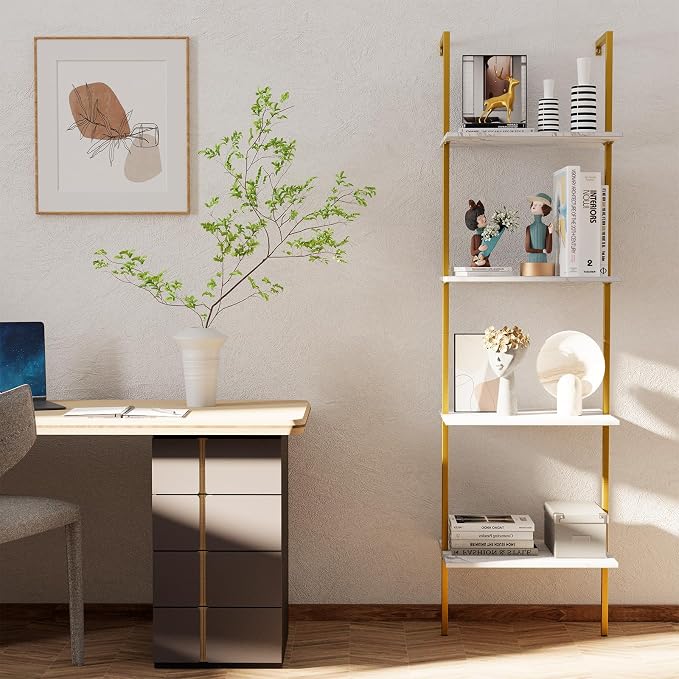 Ladder Shelf 4 Tiers Metal Industrial Bookshelf, Wall Mount Wide Book Case - Image 2