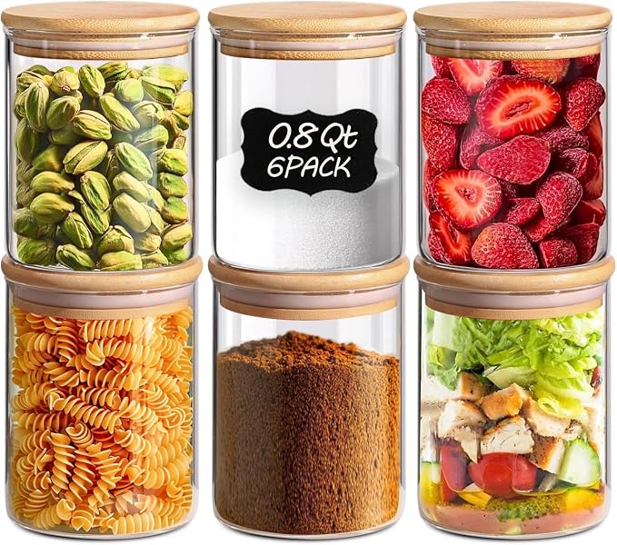 ComSaf 0.8 Qt Glass Food Storage Jars Set of 6, Pantry Organization Jar by ComSaf