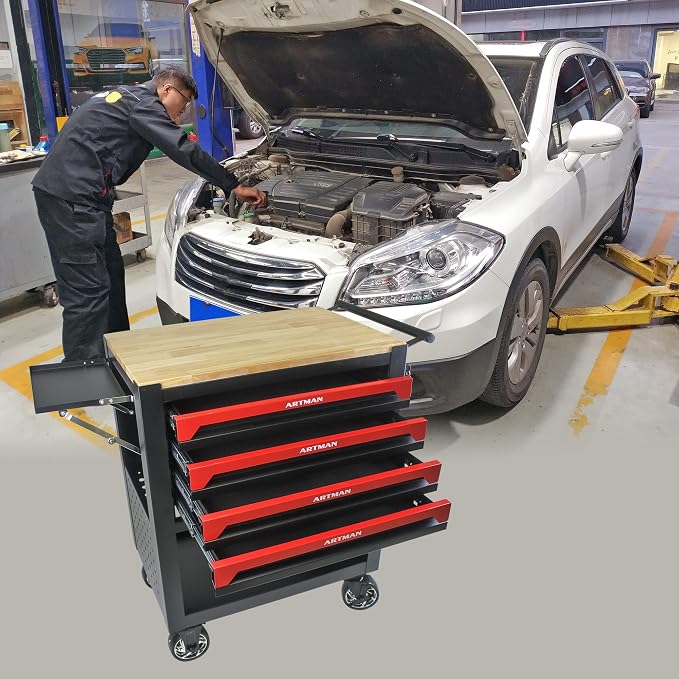 36" Tool Box with Wheels 4 Drawers Rolling Tool Cart, Wooden Top Workbench - Image 2