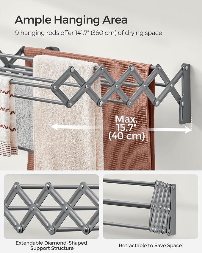 SONGMICS Clothes Drying Rack, Wall-Mounted Drying Rack Clothing, Small - Image 4