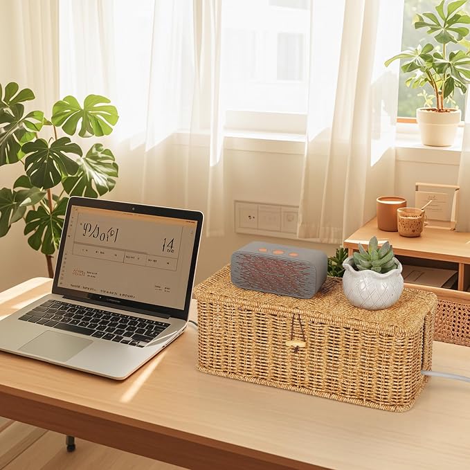 Cable Management Box, Handwoven Faux Rattan Cord Organizer - Image 7