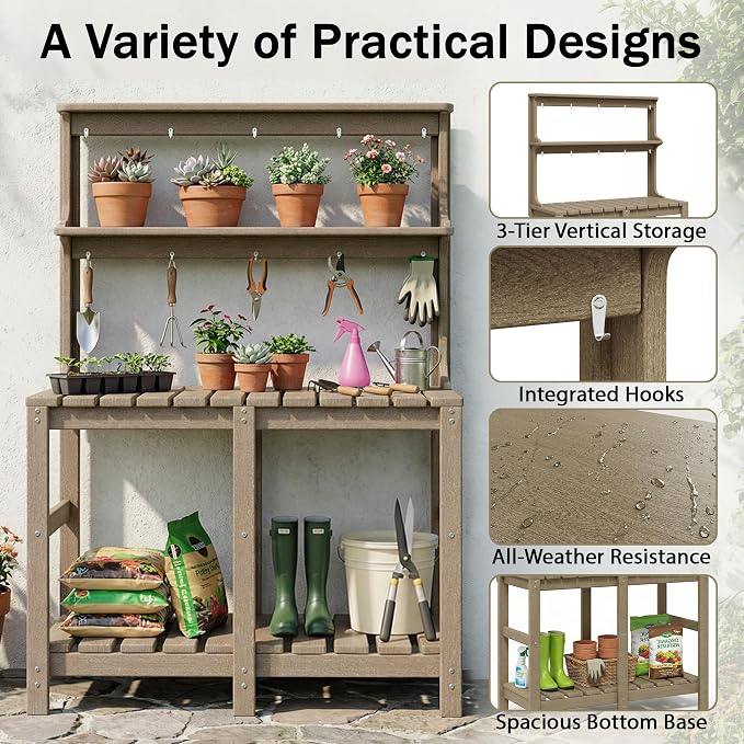 Outdoor Potting Bench with 3 Tier, All-Weather Patio Potting Table with Tool - Image 3
