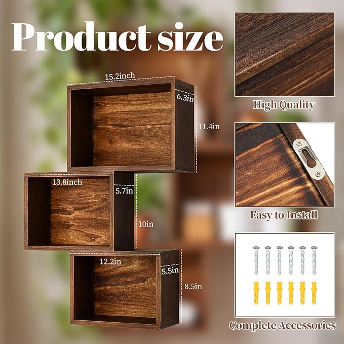 Novabright 3 Set Floating Cube Shelves Wall Mounted Wood Decor, Retro Color | - Image 2