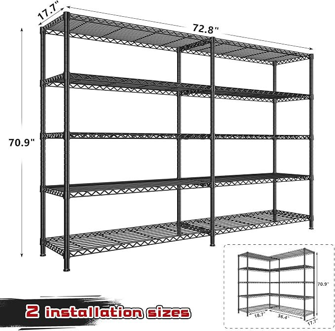 REIBII 72.8" W Storage Shelves Load 1600LBS, 5 Tier Metal Shelving Unit Wire - Image 3