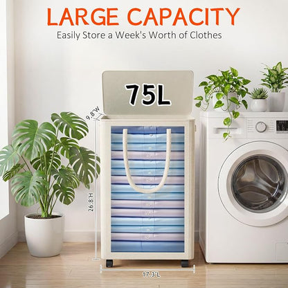 Slim Laundry Hamper with Wheels, 20 Gal Rolling Laundry Basket with lid and - Image 2