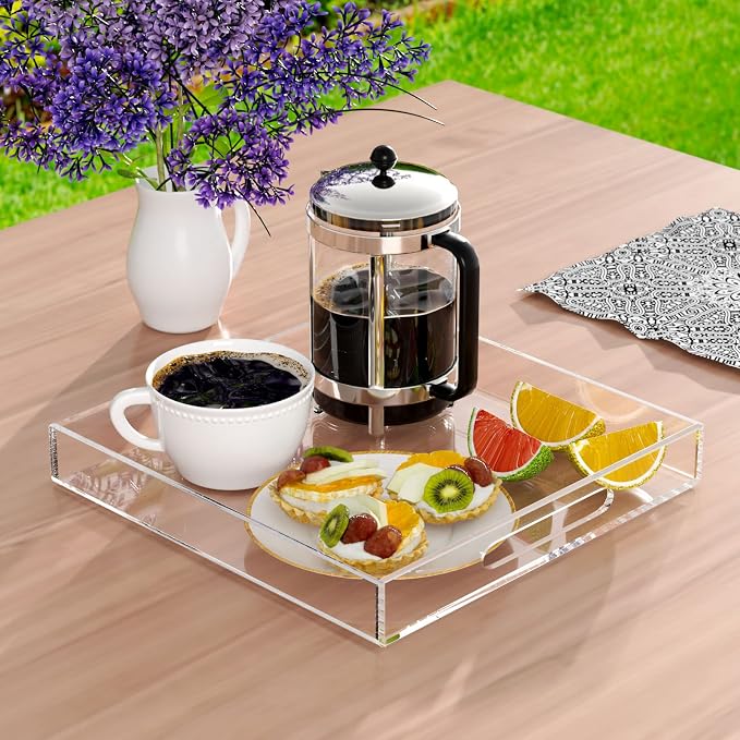 NIUBEE Acrylic Serving Tray 10x10 Inches -Spill Proof- Clear Decorative Tray - Image 2