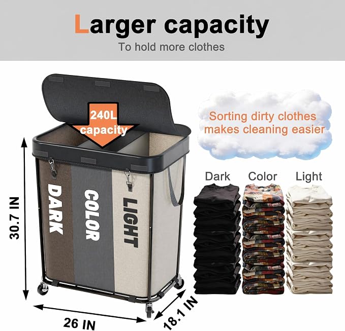 Laundry Sorter with Wheels 240L Rolling Laundry Cart, 3 Compartment Designed - Image 2