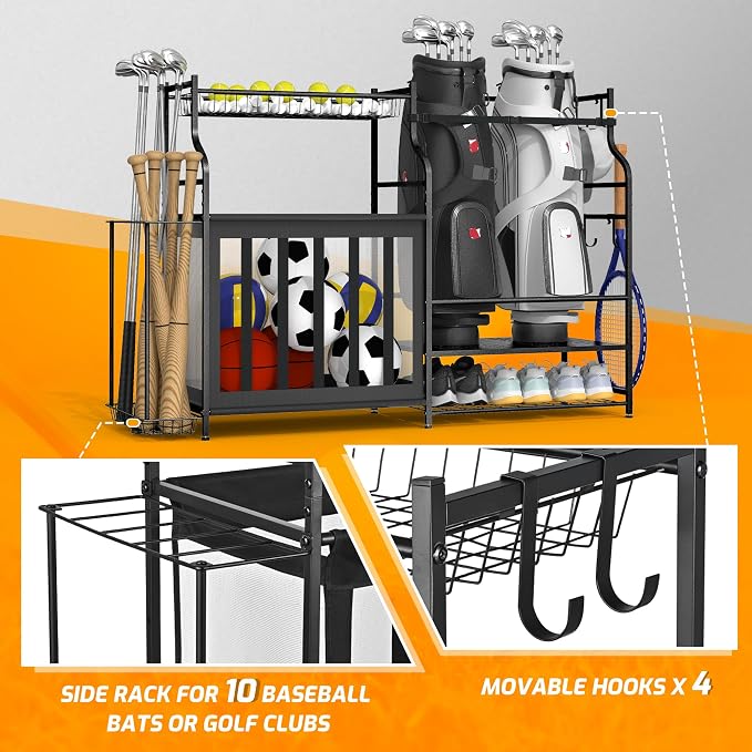 PLKOW Sports Equipment Organizer Rack, Garage Ball Rack, 2 Golf Bag Storage and - Image 5