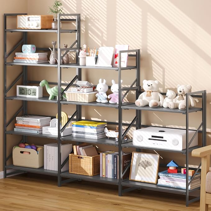 JSB No Assembly Folding Bookshelf, 5 Tier Industrial Metal Book Shelf - Image 4