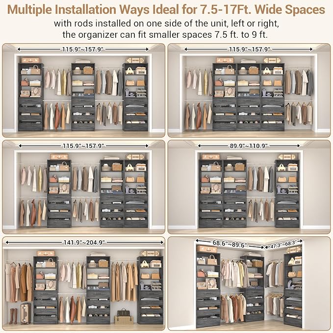 Aheaplus Closet System with 12 Drawers, 8.5-11.5Ft Wood Closet Organizer System - Image 2