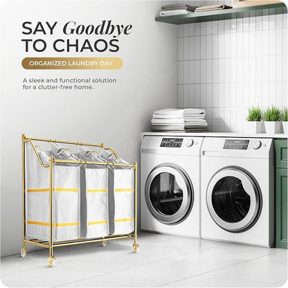 LUXURY STYLE 3- Sections Laundry Sorter, Roling Laundry Cart, Modern Golden - Image 7