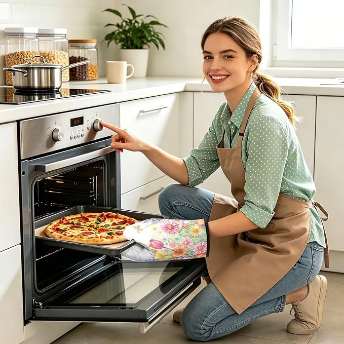 Heat Resistant Oven Mitts, Spring Flowers Floral Butterflies Kitchen Gloves - Image 2