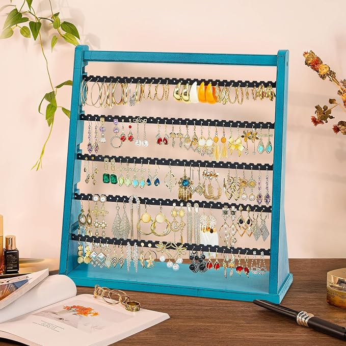 Poyilooo Earring Organizer Stand, Rustic Wood Earring Holder Rack, 5 Layer - Image 5