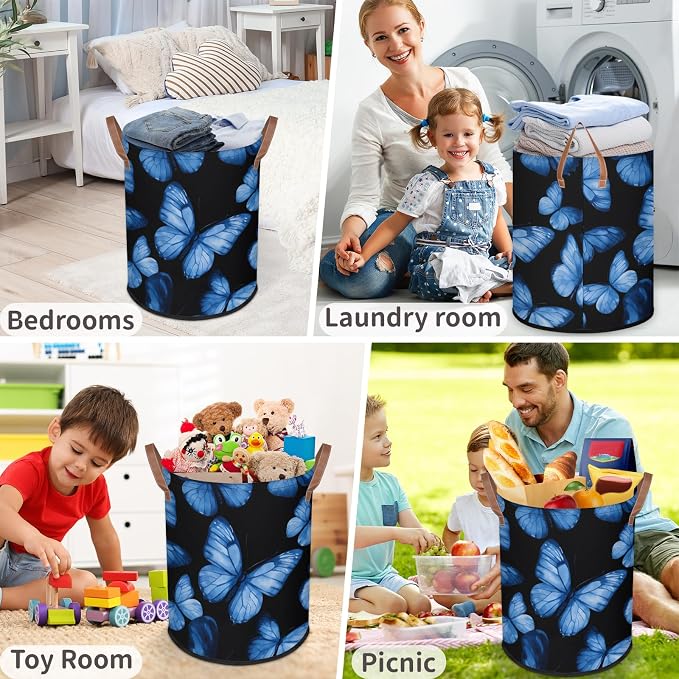 Foldable Laundry Hamper with Elegant Blue Butterfly Pattern - Image 6