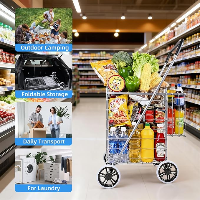 Folding Shopping Cart with Double Baskets, Collapsible Grocery Rolling Utility - Image 7