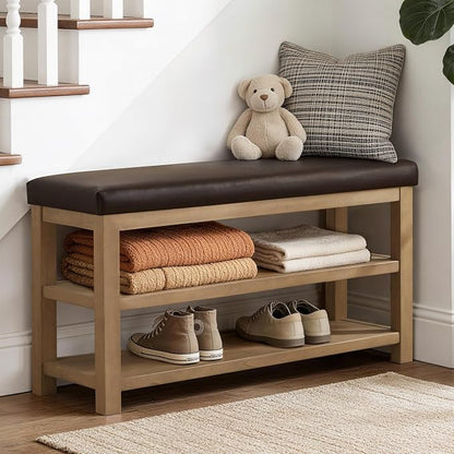 Zihanhome Shoe Rack Bench with Leather Cushion, 2 Tier Solid Wood Storage Bench by Zihanhome