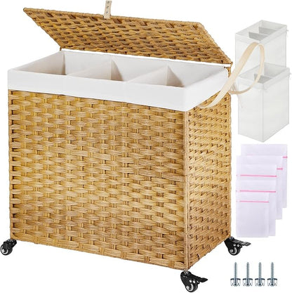 Greenstell Laundry Hamper with Wheels&Lid, 130L Large 3 Sections Clothes Hamper by Greenstell