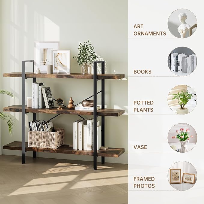 Heavy Duty 3-Tier Industrial Bookcase, 120lbs Shelf Capacity, Rustic Open - Image 3