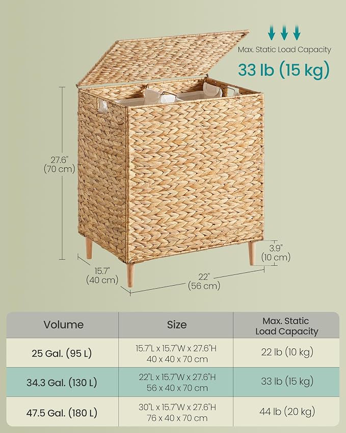 SONGMICS Laundry Hamper 2 Sections, 34.3 Gal. Handwoven Water Hyacinth Wicker - Image 6