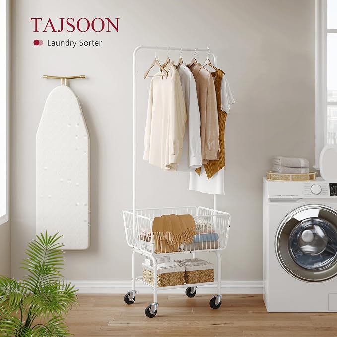 Tajsoon Laundry Cart with Hanging Rack, Metal Laundry Basket with Wheels - Image 5