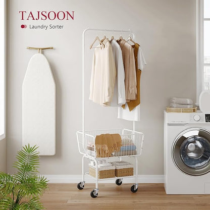 Tajsoon Laundry Cart with Hanging Rack, Metal Laundry Basket with Wheels - Image 5