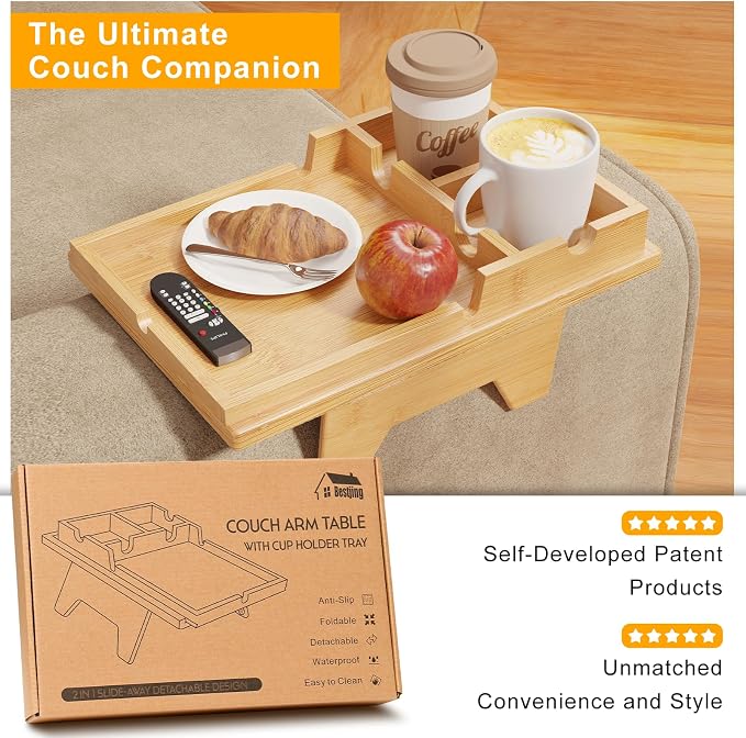 Bamboo Couch Cup Holder Tray - 2 in 1 Couch Armrest Table - Sofa Armchair Caddy - Image 9