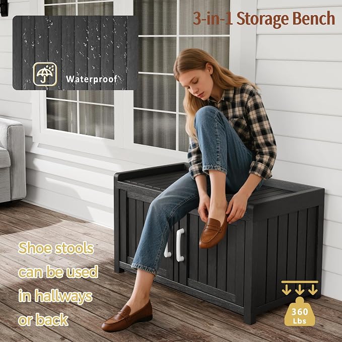 2-Tier Storage Bench, 2 Doors Waterproof Resin Shoe Bench - Image 7