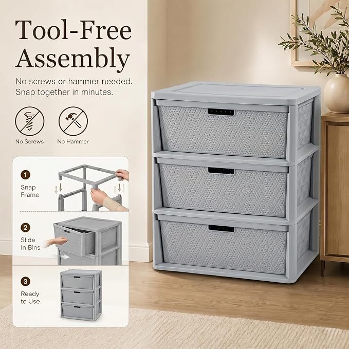 Wide 3-Drawer Plastic Storage Tower, Cross-Weave Floor Cabinet, tool-free - Image 4
