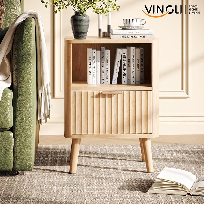 VINGLI Fluted Nightstand, Mid Century Bedside Table - Image 5