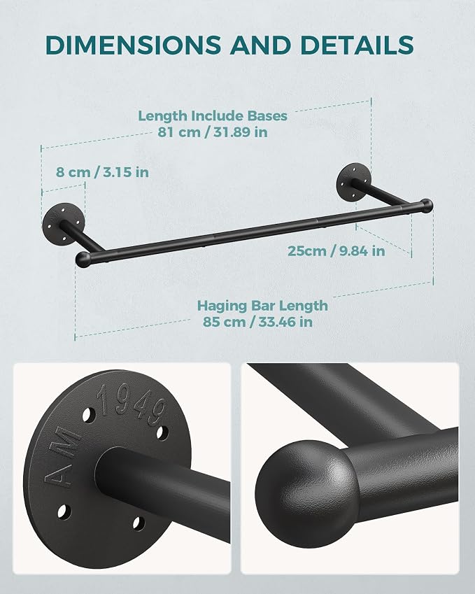 OROPY 33" Industrial Pipe Clothing Rack, Wall Mounted Clothes Rack 2 Pack | - Image 3