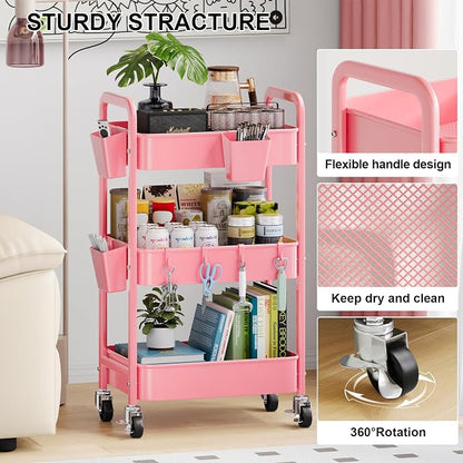 3 Tier Rolling Cart with Wheels, Metal Utility Storage Cart on Wheels, Craft - Image 5