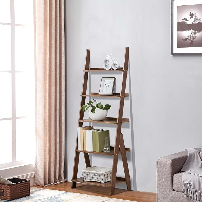 Maydear Bamboo Ladder Shelf Bookcase, 5-Tier Leaning Bookshelf Free Standing - Image 7