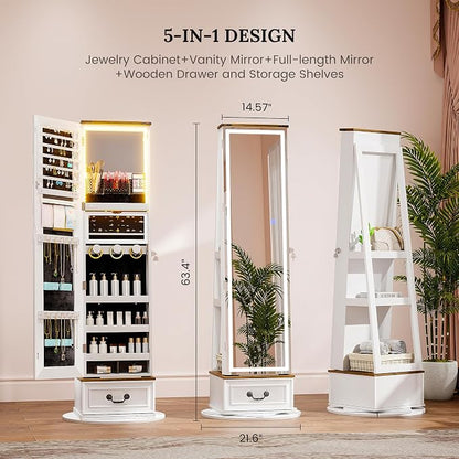 LVSOMT LED Mirror Jewelry Cabinet Standing, 360°Swivel Jewelry Armoire - Image 4